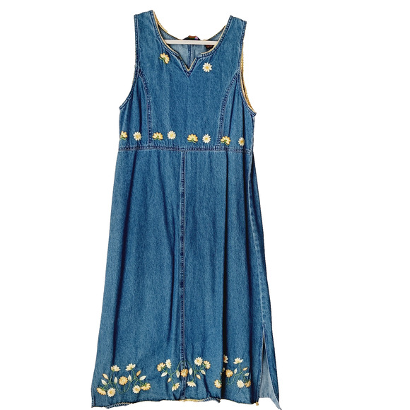 Shaver Lake Dresses & Skirts - Dress Maxi Denim Embroidered Flowers Blue Yellow Shaver Lake Side Slits Size M